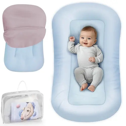 Baby Lounger - Baby Lounger Pillow for Newborn, 0-24 Months, Infant Lounger for Home and Travel, Soft Cotton, Co Sleeping Baby Nest, Newborn Babies Essentials Gifts, ZumaBlue (Lounger Cover Included)