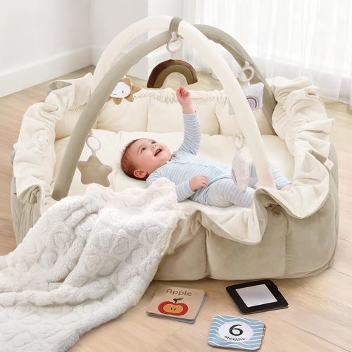 5-in-1 Convertible Baby Play Gym, Baby Play Mats for Floor, Tummy Time Mat with Blanket and 6 Sensory Toys, Baby Activity Center from Newborn to Toddler, Ball Pit, Plush Pet Mat(Brown)