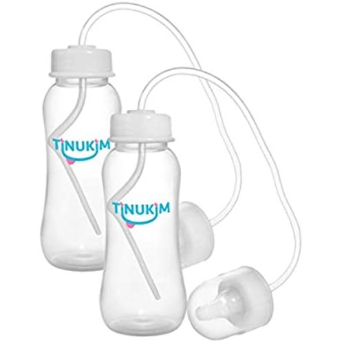 Tinukim iFeed 9 Ounce Self Feeding Baby Bottle with Tube - Handless Anti-Colic Nursing System, White - 2-Pack