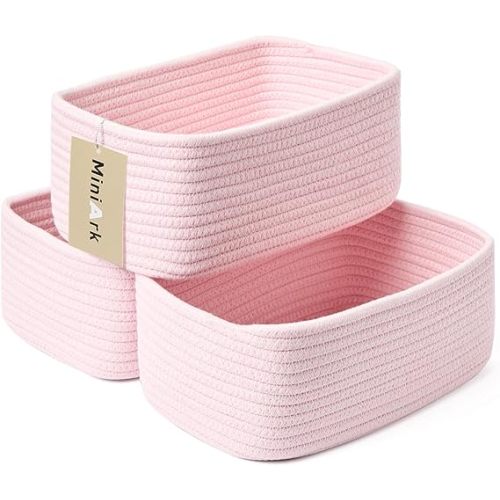 Small Storage Baskets for Organizing | Closet Organizer Bins | Shelf Toy Basket | Woven Rope Baskets | Cube Decorative Box | Shallow Basket | 11.5x7.5x4.7” | 3 Packs Light Pink