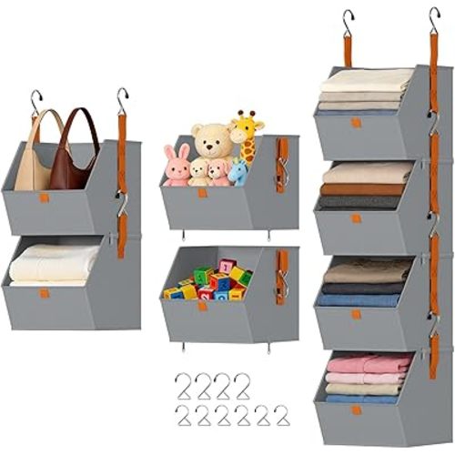 DIMJ Hanging Closet Organizer - 4 Tier Collapsible Hanging Shelves with Hooks Zipper, Fabric Clothes Organizer, Space-Saving Storage Bin Basket for RV, Bedroom, Laundry Organization