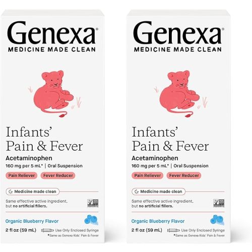 Genexa Infants’ Pain and Fever Reducer | Baby Acetaminophen, Dye Free, Liquid Oral Suspension Medicine for Infant | Delicious Organic Blueberry Flavor | 160 mg per 5mL | 4 Fluid Ounces (2 Pack) - 2 Fl Oz (Pack of 2)