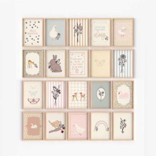 Vintage Girls Floral Woodland Nursery Wall Art Prints, Botanical Prints, Cottage Core Style, Duck Goose Forest Animals, English Farmhouse