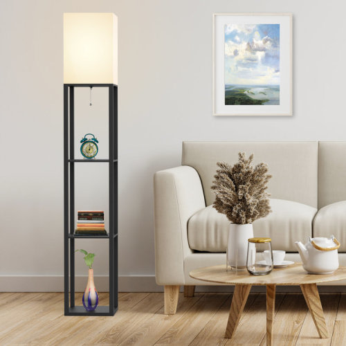 Wrought Studio™ Emonnie 62.9" Column Floor Lamp with Shelves, Real Solid Wood and Bulb Included & Reviews | Wayfair