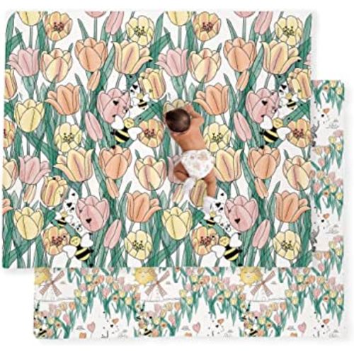 JumpOff Jo Baby Play Mat - Large Folding Foam Play Mat for Infants, Babies, Toddlers, Waterproof, Double-Sided (70" x 59") - Tulip Fields