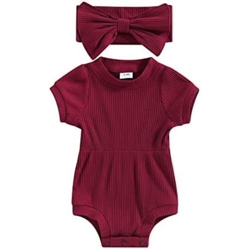 Baby Girl Summer Clothes Ribbed Short Sleeve Romper Solid Color Bodysuits Bow Headband Outfit Newborn Girl Jumpsuit