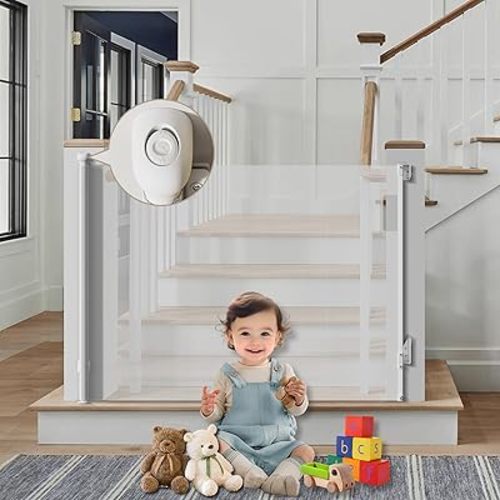 Baby Gate for Stairs 55" Wide x 38" Tall Retractable Dog Gate Indoor Pet Gate Stair Gate Door Gate Outdoor Gate Child Gates for Doorways, Hallways, Kitchen, Bedroom (White)