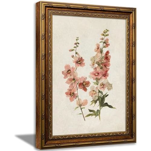 Vintage Gold Framed July Birth Flower Wall Art Larkspur Canvas Prints Pink Floral Picture Wall Decor Botanical Poster Artwork for Living Room Bedroom Granddaughter Birthday Gift 9x11in