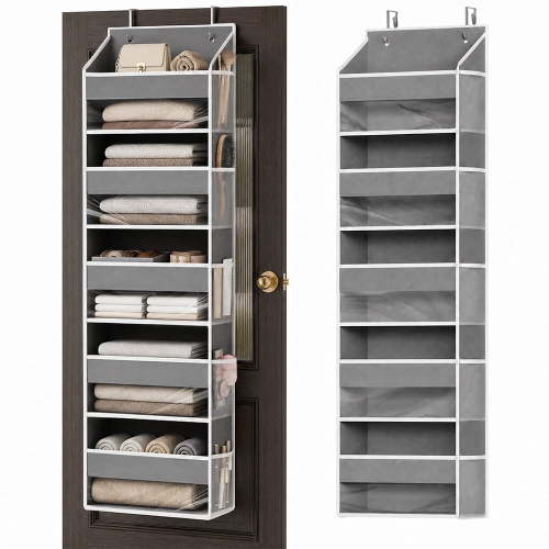PLUMEBAY Over The Door Organizer, 5 Layer Hanging Storage with Clear Window and Mesh Side Pockets, Gray