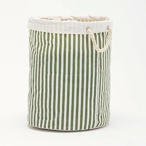 Large Storage Laundry Hamper Basket 62L with Handles for Dirty Clothes Toy Organizer Bins, Waterproof, Collapsible Laundry Hamper, Classic Stripes Pattern, Green Color,1-Pack, Bathroom, Dorm