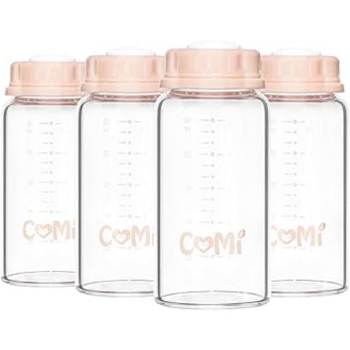 COMI Natural Glass Baby Bottle,Standard Neck Breastmilk Storage Bottle for Fridge,Breast Milk Container,Breast Pump Bottle Compatible with Medela Breast Pump,BPA Free,4PCS(5oz,4 Pink Lids)