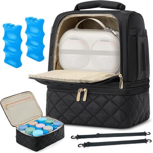 RAINSMORE Wearable Breast Pump Bag, Willow/Eufy/Elvie/Spectra/Medela/Momcozy M5/S12 Pro, Breast Milk Cooler Travel Bag with Cooler Compartment & Ice Pack, Black