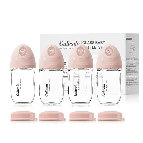 Gulicola Natural Glass Baby Bottle 4 Pack, Newborn Breastfeeding Bottles Set, Extra Slow Flow Nipples (SS), Anti Colic, 0 Months+, 5 oz - Pink