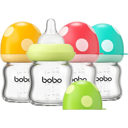 Natural Glass Baby Bottle with Natural Response Nipple, Newborn Anti-Colic Baby Bottles, Wide Neck Mushroom Cap Baby Bottle, Clear (Multicolour1, 3.4oz (Pack of 4))