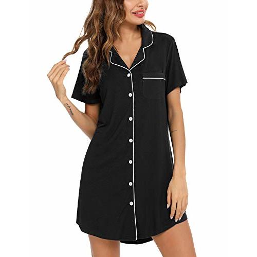 Samring Pajama Nightgown for Women Short/Long Sleeve Button Down Nightwear Top Boyfriend Sleep Shirts Nightdress S-XXL
