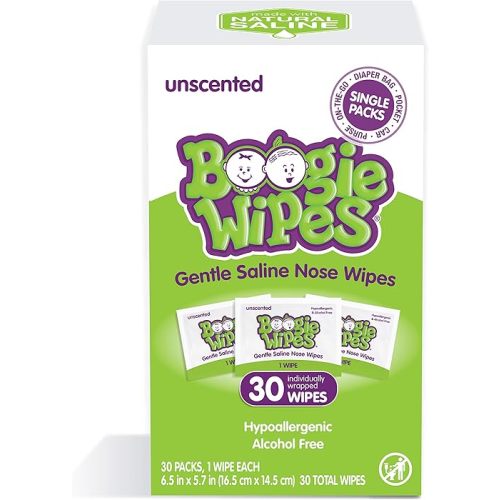 Hand, Face and Nose Wet Wipes for Kids and Baby, Boogie Wipes Single Packs, Unscented, Wipes Away Dirt and Germs, Natural Saline Tissue with Aloe, Chamomile and Vitamin E, 1 Count, Pack of 30