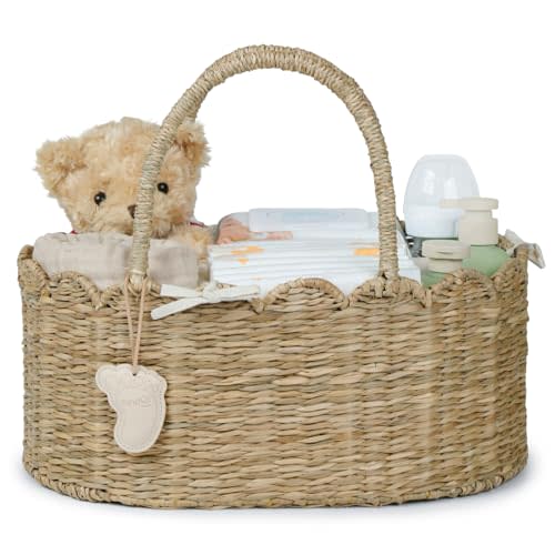 YANGQIHOME Diaper Caddy Organizer, Seagrass Nursery Baby Basket for Baby Essentials, Scalloped Wicker Diaper Caddy, Baby Shower Gifts (MeadowNest)
