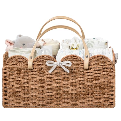 HBlife Large Baby Diaper Caddy, Paper Rope Storage Baskets Nursery Bin with Removable Divider, Portable Car Organizer for Diapers, Baby Shower Gifts, Newborn Essentials Must Haves