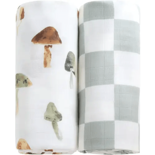 LifeTree Muslin Swaddle Blankets, Baby Neutral Swaddling Blanket for Boys Girls, Super Soft 70% Viscose from Bamboo and 30% Cotton, Large 47" x 47", Checkered & Mushroom, Newborn Baby Registry