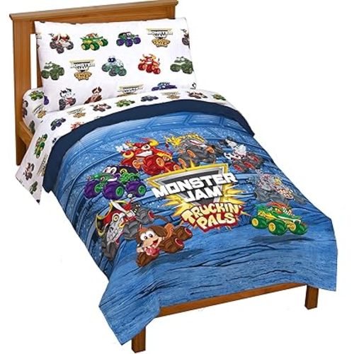 Jay Franco Monster Jam Truckin' Pals 4 Piece Toddler Bed Set - Includes Comforter & Sheet Set - Bedding Features Grave Digger & Megalodon - Super Soft Fade Resistant Microfiber