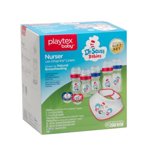 Playtex Baby Dr. Seuss Baby Bottles Gift Set – Newborn Baby Essentials with Binky Pacifiers, Nurser Bottles, Drop-Ins Liners & Bib