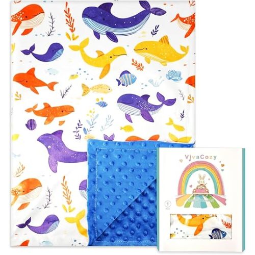 Baby Blanket for Boys Whale Ocean Blue Toddler Nursery Crib Throw Gift Blanket with Dotted Backing Double Layer 30 x 40 Inch