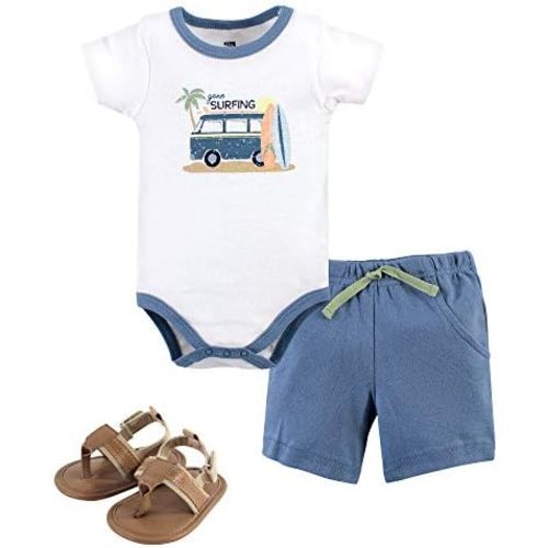 Hudson Baby Unisex Baby Cotton Bodysuit, Shorts and Shoe Set