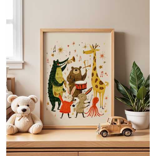 Animal Band Nursery Wall Art, Whimsical Illustration, Cute Kids Music Print, Playful Baby Room Poster, Jungle Animal Nursery Decor