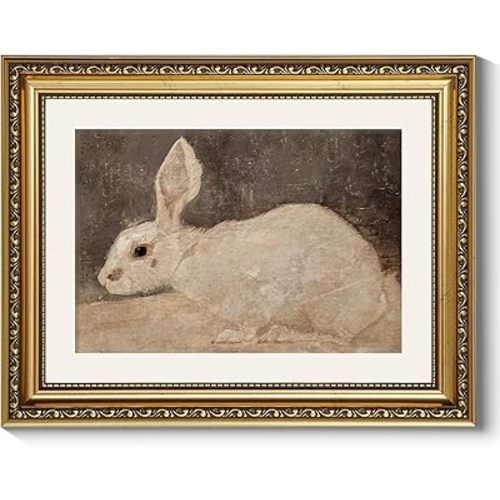 ARPEOTCY Vintage Gold Framed Wall Art, Easter White Rabbit Paintings, Aesthetic Canvas Picture Prints Artwork with Frame, Classical Victorian Wall Decor for Living Room Bathroom Bedroom 11x14 inch