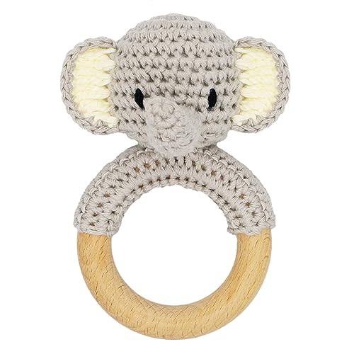 Joliecraft Safari Animals Wooden Baby Rattle Toys Stuffed Crochet Rattle with Teether Ring for Newborn, Gray Elephant