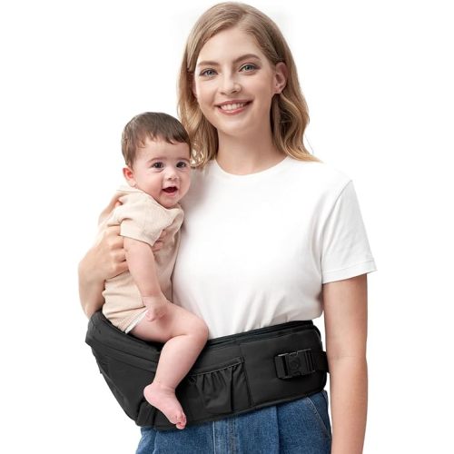 Momcozy CPC-Certified Baby Hip Carrier - Adjustable Waistband with Original 3D Belly Protector & Ergonomic EVA Massage Board, Various Pockets for Newborns to Toddlers up to 45lbs (Black, Medium)