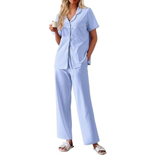 Ekouaer Women's 100% Cotton Pajamas Set Short Sleeve Button Down Pjs 2 Piece Soft Sleepwear with Long Pants Lounge Set