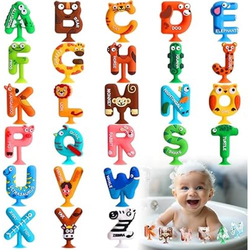Suctionbath Toy,26pcs Animal Suction Alphabet Bath Toys Kids,Educational Bath Toys Sensory Letters Waterproof Mold Free,Bathtub Letters to Stick to Tub,Silicone Toddler Learning Toys