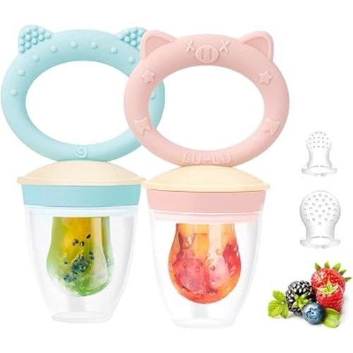 Baby Solids/Frozen Fruit Feeder Pacifier, Infant Teether Toy 4M+, BPA-Free Silicone Pouch & Nipple, Safely Introduce Solids, Teething Relief, 2-Pack (Pig Lulu - Blue Pink, S/M/L)