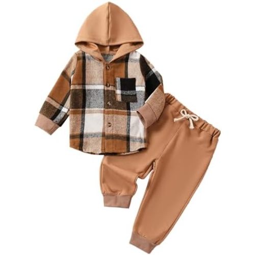Douhoow Toddler Unisex Baby Clothes Boys Girls Flannel Shirt Tops Plaid Hoodie Sweatshirt + Sweatpants Fall Winter Outfits