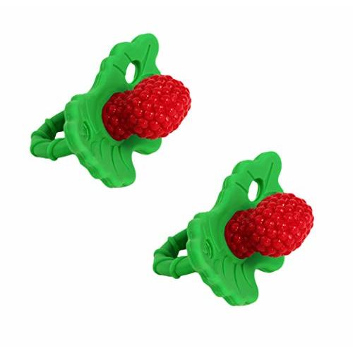 RaZbaby RaZberry Silicone Teether Pacifier – Teething Relief for Infants, Food-Grade, BPA-Free, Hands-Free, Natural Berrybumps Fruit Texture for Sensory Development, Freezable, 2-Pack - Red/Green