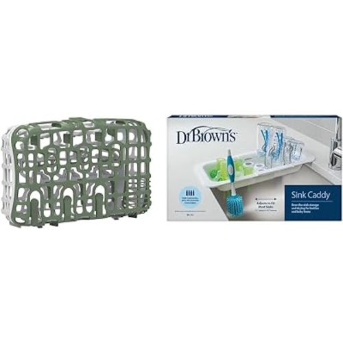 Dr. Brown's Dishwasher Basket for Small Parts, Pacifiers, and Accessories, Green + Dr. Brown's Sink Caddy for Baby Bottles and Part, Over The Sink Kitchen Storage, Drying Rack, and Organizer, BPA-Free