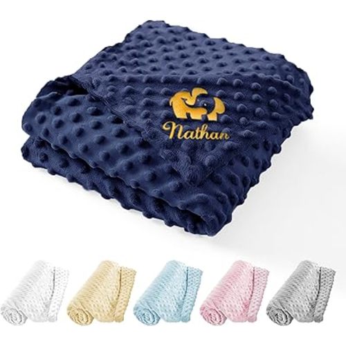 HUTARIO Personalized Baby Blankets for Girls Boys with Name, Custom Embroidered Name Soft Double-Side Dotted Minky Baby Blanket Navy 30'' x 40''