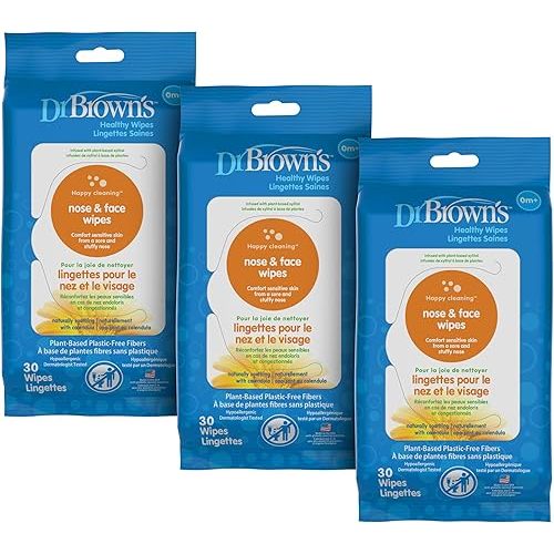 Dr. Brown's Nose and Face Healthy Wipes, Safe Cleaning and Moisturizing for Babies and Toddlers, Hypoallergenic for Sensitive Skin, 30 count, 3-Pack (Packaging May Vary)