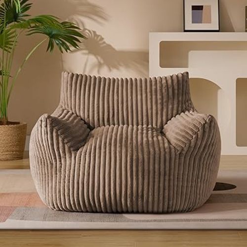 Giant Plush Bean Bag Chair for Adults with Armrests - Oversized Comfy Khaki Beanbag Lounge Lazy Floor Sofa Chair for Living Room, Bedroom & Dorm, Cozy Fluffy Single Cloud Mini Couch