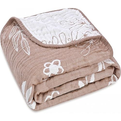 6-Layer Muslin Baby Blanket Made with Organic Cotton - Nature Inspired Pattern,Swaddle & Crib Quilt, 43" x 43",Leaf Flower Coffee