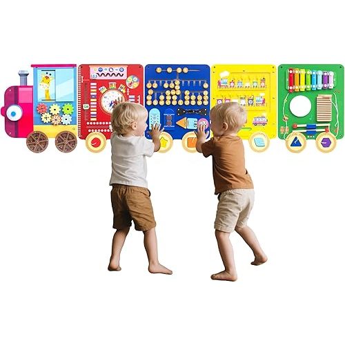 Train Activity Wall Busy Board,Wooden Busy Board Train Activity Wall Panels,Montessori Sensory Wall Toys Panel for Kids, Learning Activity Center for Playroom,3 Years Old and Over