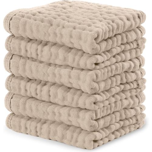 Comfy Cubs Muslin Baby Washcloths 6 Pack - Soft 6-Layer Cotton Wash Cloths for Sensitive Skin - 10"x10" Large, Gentle, Absorbent Infant Essentials for Newborn and Toddlers - Sand