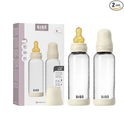 BIBS Glass Baby Bottles 2-Pack, 8.1 Oz. Anti-Colic System for Gas Reduction. Vented Round Natural Rubber Latex Nipple. Supports Infant and Newborn Breastfeeding - 240 ml (Pack of 2), Ivory