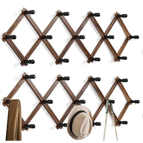 WGFKVAS 2 Pack Accordion Wall Hanger, Expandable Wooden Coat Rack Wall Mounted, Hat Rack Hat Hanger for Caps, Coats, Mugs, 13 Hooks, Walnut Color