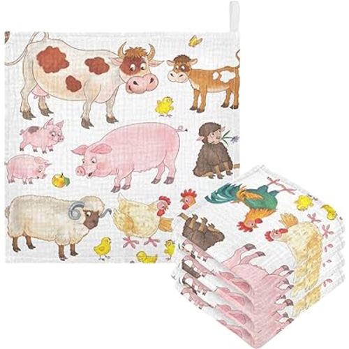 Cow Pig Sheep Chick Burp Cloths for Boys Girls, 3 Pack Farmhouse Animals Muslin Washcloths, Newborn Face Bath Towel, Soft Absorbent Cotton Wash Cloth, Baby Registry, 12 x 12 Inch
