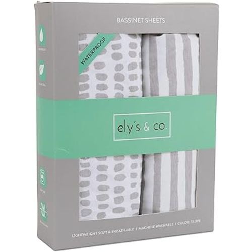 Ely's & Co. Patent Pending Waterproof Bassinet Sheet, No Need for Bassinet Mattress Pad Cover, 2 Pack Neutral Taupe Grey Splash & Stripes,for Baby Girl and Boy