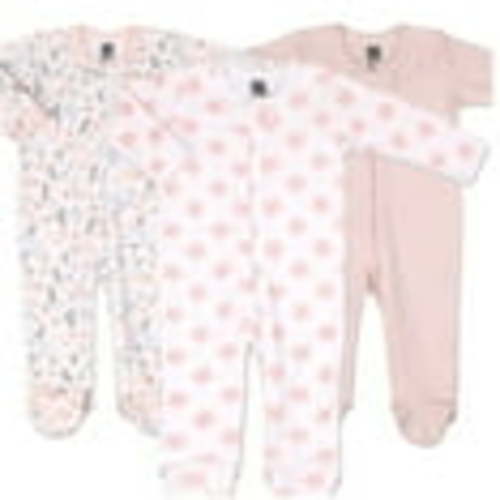 The Peanutshell Baby Sleep n Play Footed Pajamas for Girls, Pink Floral, 3 Pack, Newborn to 9 Months
