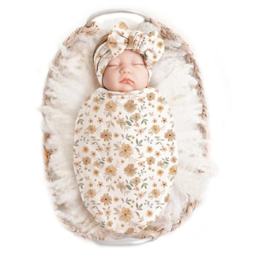 Konssy Baby Girl Newborn Receiving Blanket with Headband Set Baby Swaddle Nursery Swaddle Wrap