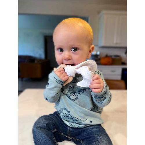 Baby Teether Toy Made from All Natural Beech Wood with Organic Gauze Fabric Tie for Drool